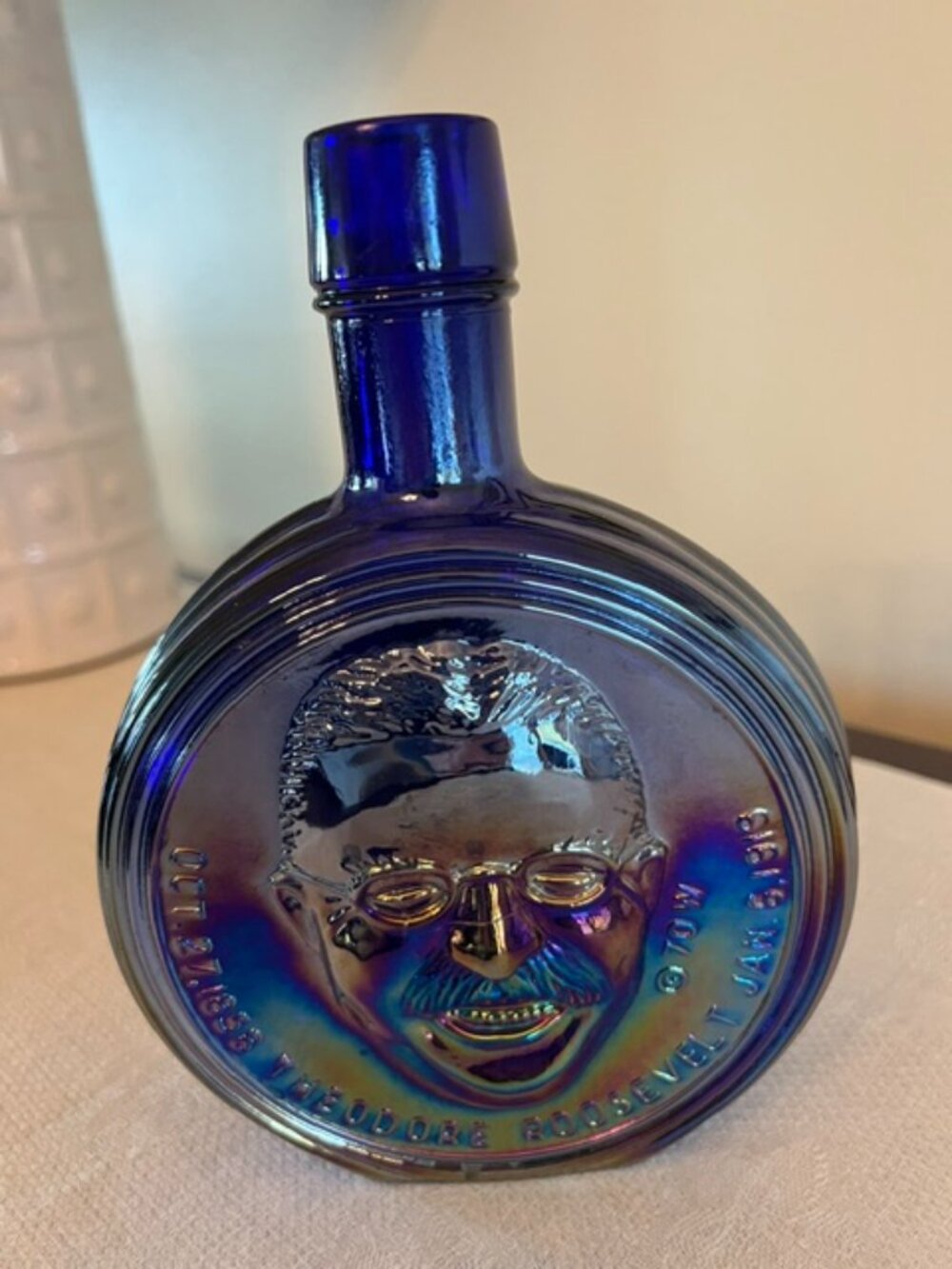 Wheaton Cobalt Carnival Glass Theodore Roosevelt 1st Edition Bottle/Decanter